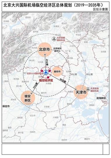 25日，《北京大興國(guó)際機(jī)場(chǎng)臨空經(jīng)濟(jì)區(qū)總體規(guī)劃(2019—2035年)》正式批復(fù)實(shí)施。圖為《臨空經(jīng)濟(jì)區(qū)總體規(guī)劃》區(qū)位示意圖?！￡惡?攝
