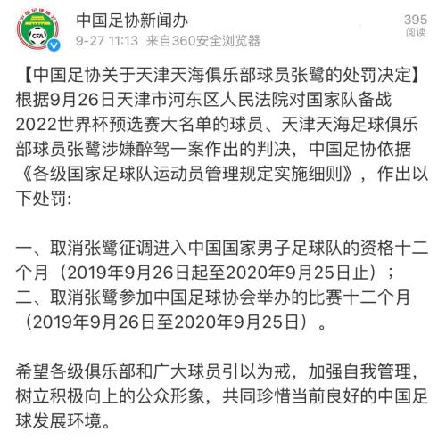 足協(xié)處罰通知全文。