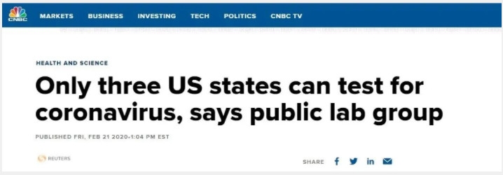 CNBC：公共實驗室組織說，僅有3個州可進行新冠病毒檢測