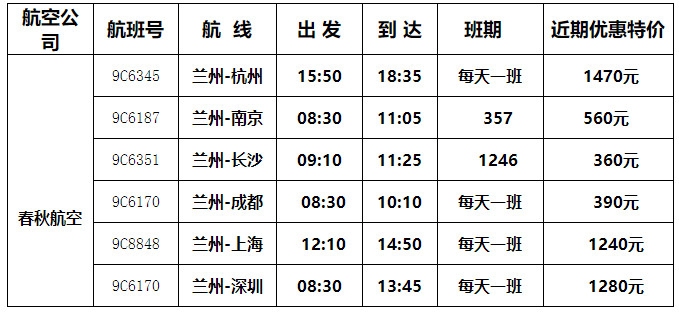 春秋航空增加蘭州機場駐場運力