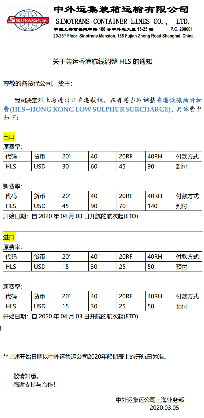深圳貨運(yùn)公司-圖：中外運(yùn)集運(yùn)關(guān)于澳洲、菲律賓、海防、香港航線調(diào)整LSS的通知