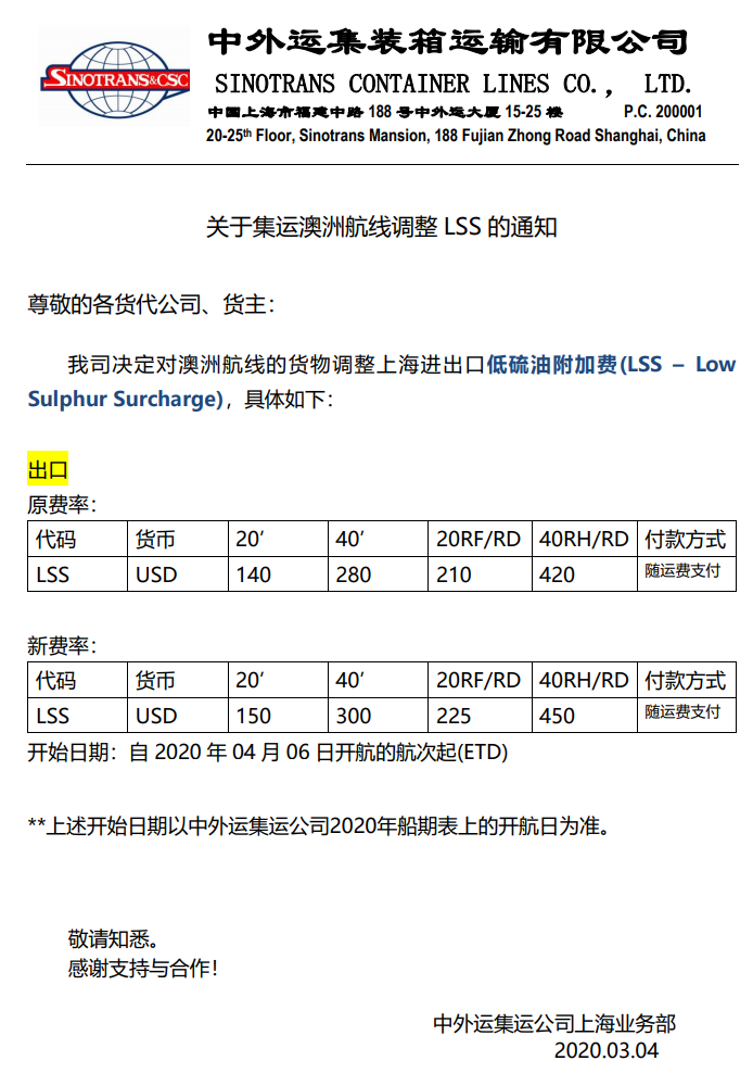 深圳貨運(yùn)公司-圖：中外運(yùn)集運(yùn)關(guān)于澳洲、菲律賓、海防、香港航線調(diào)整LSS的通知